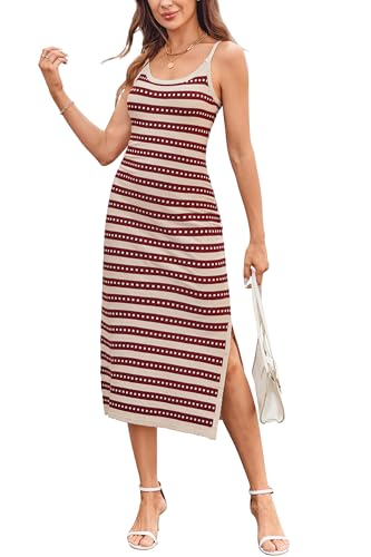 OUGES Womens 2025 Spring Maternity Striped Dress Spaghetti Strap Bodycon Knit Side Slit Midi Sweater Casual Dress - color: Red Apricot Striped, size: Medium