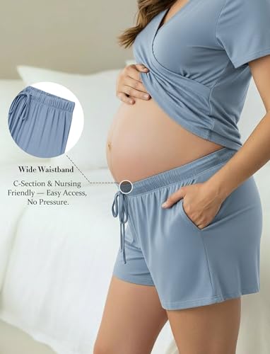 PATPAT 3-Piece Maternity Nursing Pajamas, Womens Lounge Set with Pockets - color: Dusty Blue, size: Small