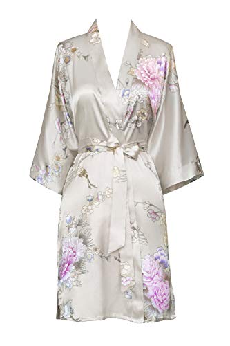 KIM+ONO Satin Short Kimono Robe for Women - color: Chrysanthemum & Crane - Willow