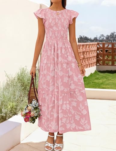 ZESICA Women's Summer Floral Boho Smocked Flowy Maxi Dress - color: Pink, size: Medium
