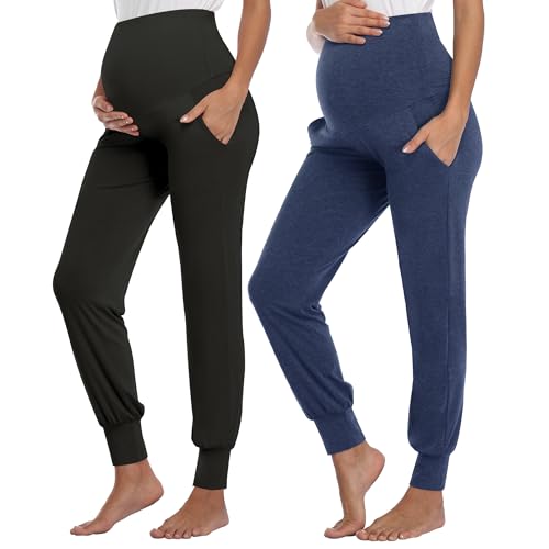 AMPOSH Women's Maternity Pants Stretchy Lounge Workout Sweatpants Casual Loose Comfy Pregnancy Joggers with Pockets - color: Black/Heather Navy, size: XX-Large