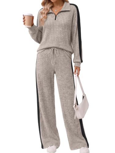 Trendy Queen Womens 2 Piece Lounge Matching Sets Fall Travel Comfy Outfits - color: Khaki, size: Small