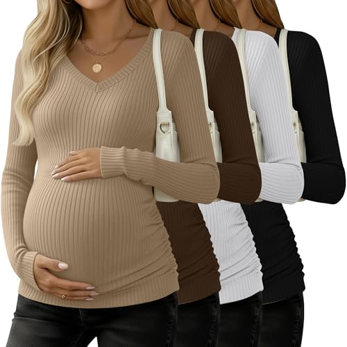 4 Pack Women's Maternity Shirts - color: Khaki, Coffee, White, Black, size: XX-Large