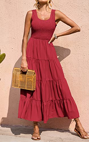 PRETTYGARDEN Women's Smocked Tank Casual Plain Maxi Sundress with Pockets - color: Red, size: Medium