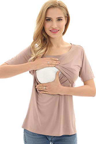 Bearsland Women's 3 Packs Maternity Nursing Tops Short Sleeve Breastfeeding Shirts - color: Blkwitstripe+green+brown(3pcs), size: Medium