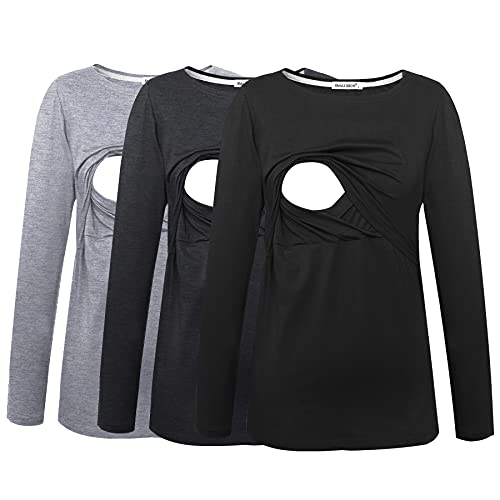 Smallshow Women's Maternity Nursing Tops Comfy Long Sleeve Breastfeeding T-Shirt - color: Black-deep Grey-light Grey(cotton), size: X-Large