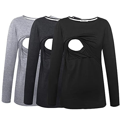Smallshow Women's Maternity Nursing Tops Comfy Long Sleeve Breastfeeding T-Shirt - color: Black-deep Grey-light Grey(cotton), size: Medium