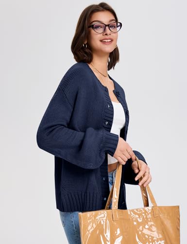 LOMON Womens Chunky Knit Cardigan Oversized Button Front Trend Sweater Tops - color: Navy Blue, size: Medium