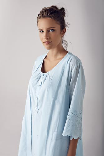Maternity Nursing Pajama Set Blue Woven Cotton Sleeveless V-Neck Midi Robe and Pants, S - Multiple Options - size: X-Large