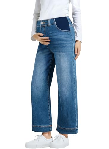 BLENCOT Women's Maternity Jeans High Waisted Wide Leg Pregnancy Pants - color: Sky Blue, size: Large
