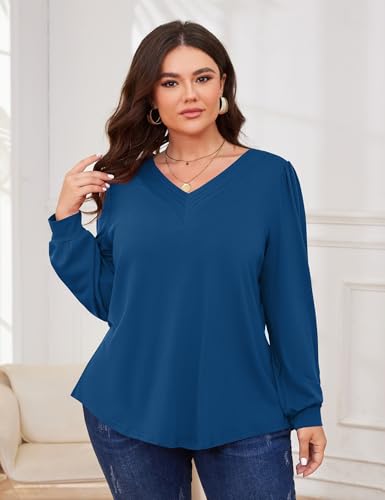 TFSDOD Plus Size Tops for Women Long Sleeve V Neck Shirts Dressy Casual Blouse Loose Fit Basic Tee Tshirt(1X-5X) - color: Blue, size: X-Large Plus