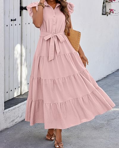 dowerme Women Ruffle Sleeve Button Belted Boho Maxi Dress - color: Pink, size: Small