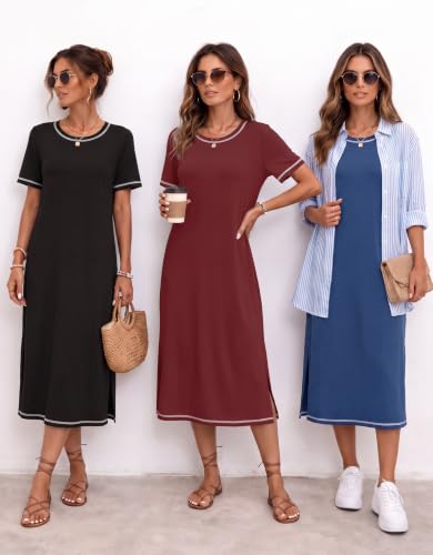 Ekouaer 3 Pack Long Nightgowns for Women Split Hem Sleepshirt - color: Black/Wine Red/Navy Blue, size: 3X-Large