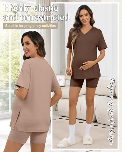 2 Pack Women Maternity Set Pregnancy Outfit - color: Apricot, Coffee, size: Medium