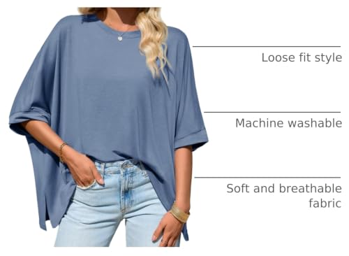 Tankaneo Womens Oversized Tshirts Batwing Short Sleeve Asymmetric Hem Tops - color: Blue Grey, size: Medium