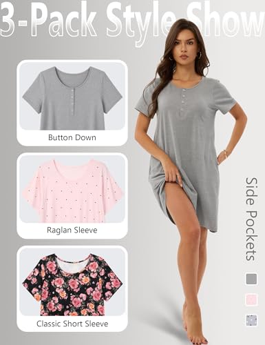 3 Pack Nightgowns for Women Sleep Shirts Pajama Dress with Pockets - color: Set D, size: Small