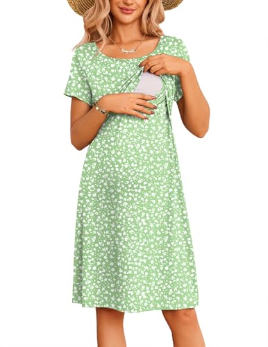Maternity Summer Dress Breastfeeding Nursing Friendly Pregnancy Dresses - color: Green Floral, size: Small