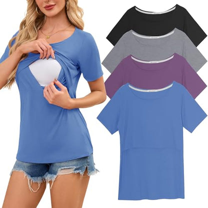 Smallshow Women's 4 Pack Ribbed Short Sleeve Nursing Tops - color: Blue-black-light Grey-misty Lilac(4 Packs), size: Medium