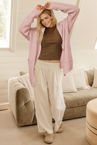 OUGES Women's Wool Blend Chunky Oversized Cardigan Soft Knit Button Down Sweater with Pockets 2026 - color: Grey Pink, size: Small