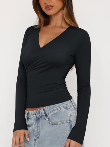 PINKMSTYLE Womens Long Sleeve Wrap V Neck Tops Ruched Dressy Shirts Blouse - color: Black, size: Medium