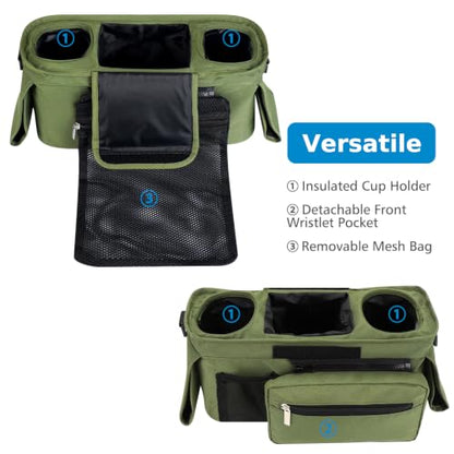 Accmor Universal Stroller Organizer with Insulated Cup Holder - color: All Green/Detachable Diaper Pocket