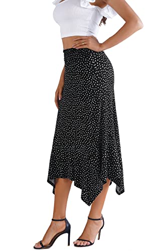 DJT Women's Flowy Handkerchief Hemline Midi Skirt - color: Black Polka Dots, size: XX-Large