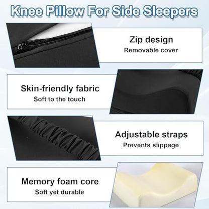 Knee Pillow for Side Sleepers Foldable 2-in-1 Design, Memory Leg Pillow for Side Sleeping, Thigh Pillow with Strap & Removable Cover, Knee Support Pillow for Relax Sciatica, Back, Hip, Pregnancy