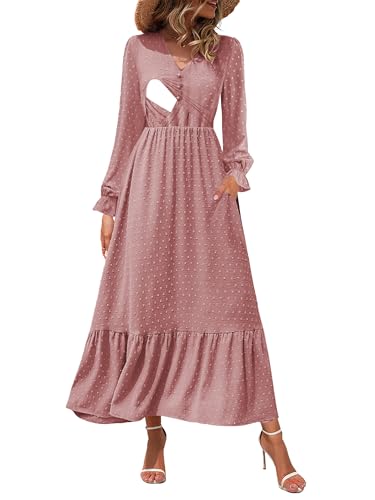 CzzzyL Women Nursing Boho Maxi Dress Swiss Dot Smocked with Pockets - color: S-pink, size: Small