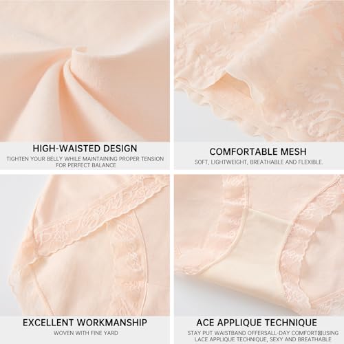 Womens High Waist Underwear Nylon Lace Panties Soft Breathable Ladies Hipster Panty Full Coverage Briefs 4 Pack