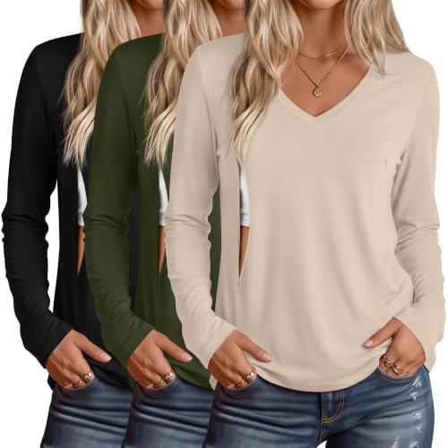 Huukeay 3 Pack Maternity Nursing Tops Breastfeeding Shirts - color: Black, Army Green, Light Khaki, size: X-Large
