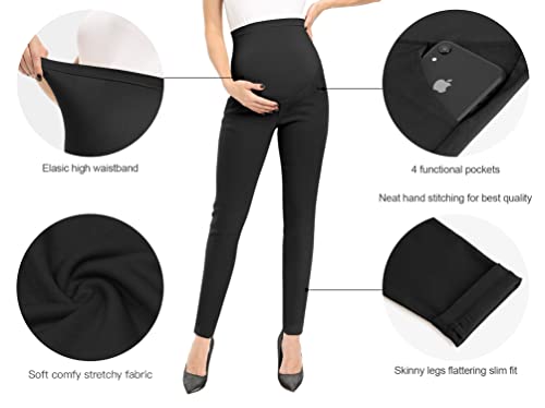 POSHGLAM Women's Maternity Pants Casual Work Pull-on Stretch Comfy Skinny Pregnancy Pants with Pockets - color: Black, size: Large