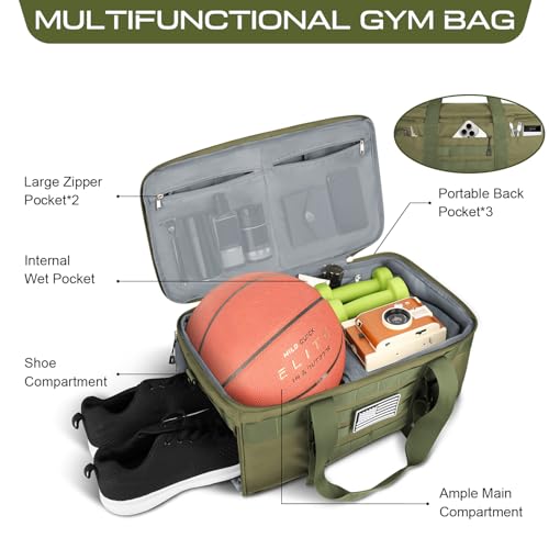 Gym Bags for Men Women, Military Duffle Bag with Shoe Compartment - color: Green, size: Medium