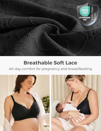 Momcozy Lace Nursing Bra for Breastfeeding, Wirefree Maternity Bra with Fixed Padding, Soft Deep V Bra - color: Black, size: XX-Large