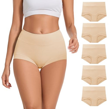 ALLBASE 5 Pack Womens Cotton High Waisted Full Coverage Underwear(Regular & Plus Size) - color: Beige-5pack, size: Small