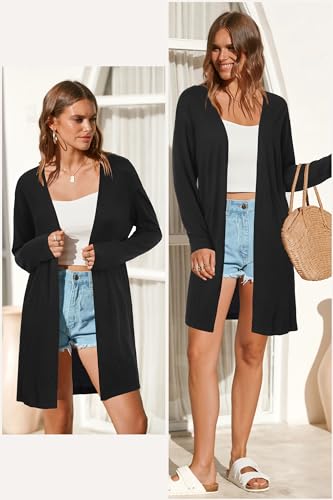 OUGES Women's Open Front Cardigan Shirt with Pockets Long Sleeve Lightweight Coat - color: Black, size: XX-Large