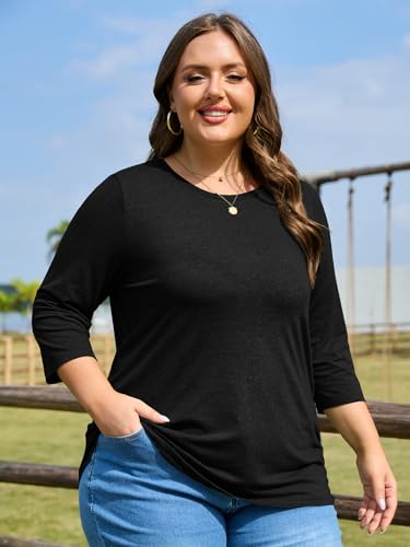 ZDC Womens Plus Size Shirts 3/4 Sleeve Tops Casual Crew Neck Blouse - color: Black, size: XX-Large