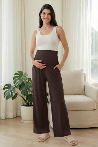 OUGES Womens Lyocell Cotton Maternity Pants Over Belly Smocked Waist Stretchy Casual Wide Leg Palazzo Pants with Pockets - color: Dark Brown, size: Medium