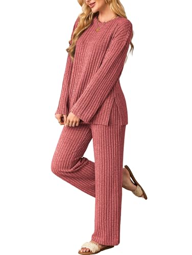 Kikibell Womens Sets 2 Piece Outfits Matching Lounge Set Cozy Knit Pajamas - color: Red, size: Large