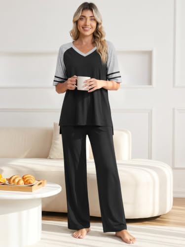 Anyhold Lounge Sets for Women Fall Pajamas Set 2 Piece Outfits - color: Black, size: Small