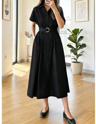 ZESICA Women's Summer Button Down Short Sleeve Midi Dress - color: Black, size: Small