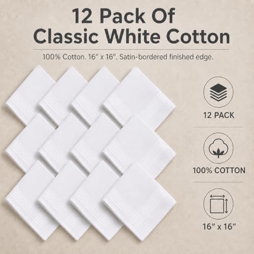 Perry Ellis 12 Pack Handkerchief (100% Cotton White with Satin Border, 16" x 16")