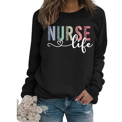 Registered Nurse Sweatshirt Women RN Nurse Long Sleeve Graphic Shirts - color: Black2, size: Medium