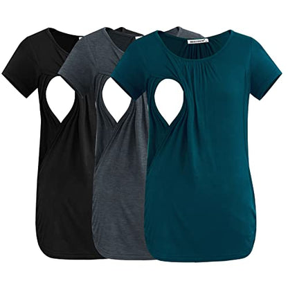 Smallshow Women's Nursing Tops Ruched Short Sleeve Breastfeeding Shirts 3-Pack - color: Black-deep Grey-teal, size: Large