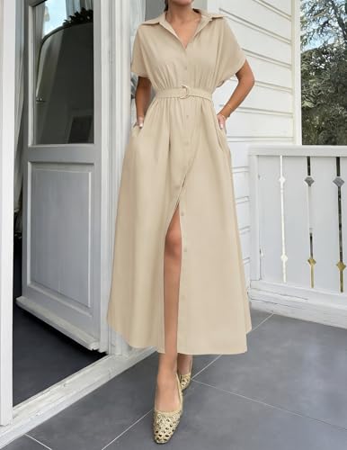 ZESICA Women's Summer Button Down Short Sleeve Midi Dress - color: Natural, size: Small