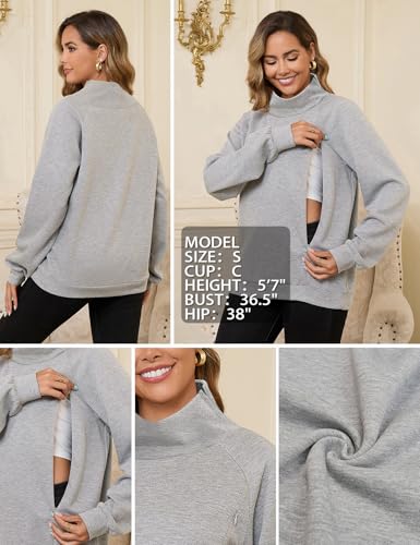 Bhome Nursing Sweatshirt for Breastfeeding High Neck Long Sleeve Nursing Shirt Zipper Maternity Pumping Top Pullover - color: Light Heather Gray, size: Medium