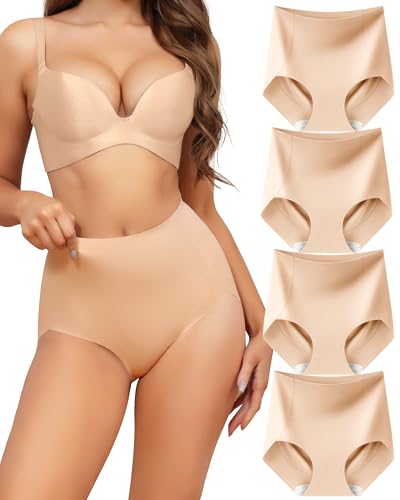 LEVAO Women's Tummy Control Underwear High Waisted Seamless Panties 4 Pack - color: Nude*4, size: Medium