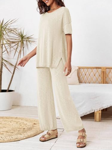 Tankaneo Women's 2 Piece Travel Outfits Knit Sweater Lounge Sets Tracksuit - color: Beige, size: Medium