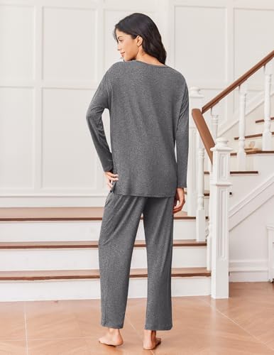 Ekouaer Lounge Sets for Women Long Sleeve Pajamas Fall Loungewear - color: Dark Gray, size: Medium