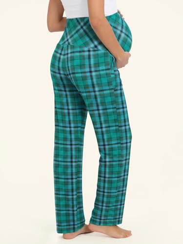Summer Mae Viscose Maternity Pants Pregnancy Pajama Lounge Pant with Pocket - color: Green Plaid, size: Medium