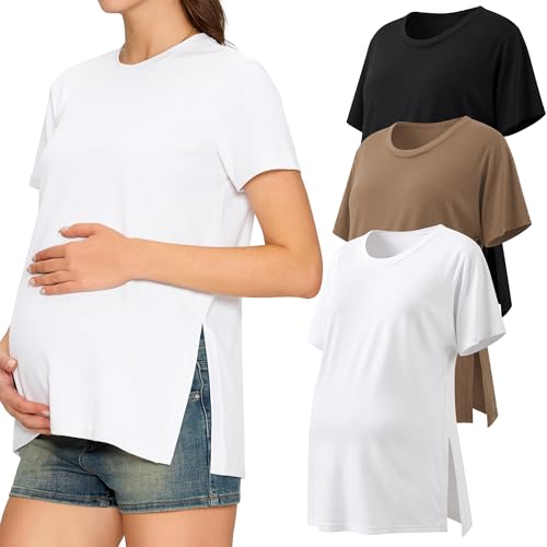 3 Pack Women's Maternity Shirts, Crew Neck Pregnancy Clothes Short Sleeve - color: Black/White/Coffee, size: Large